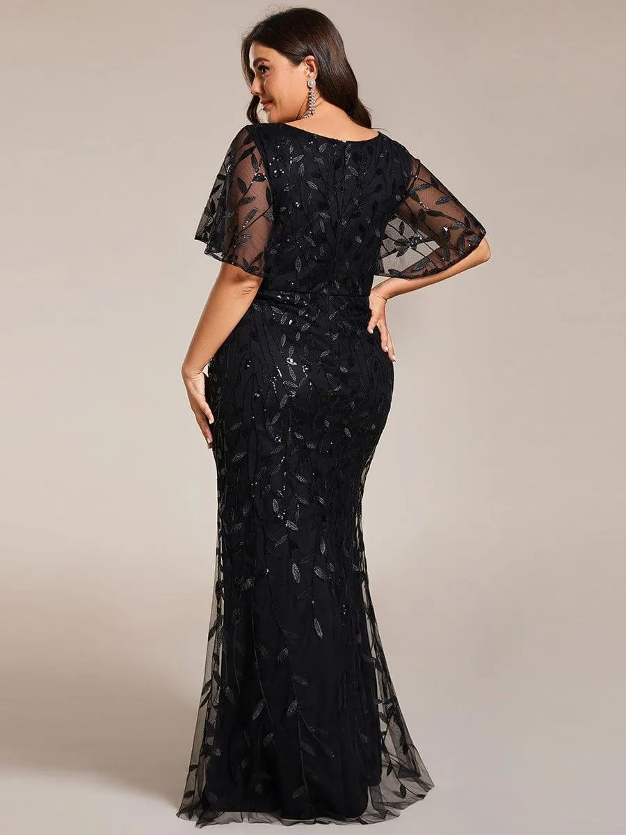 Robe de soirée sirène à paillettes et tulle à col en V grande taille