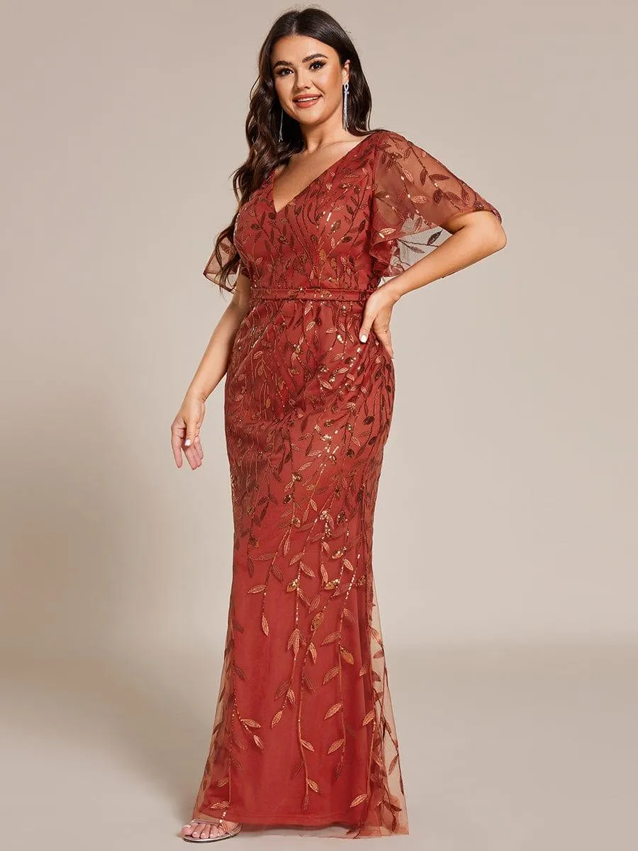 Robe de soirée sirène à paillettes et tulle à col en V grande taille