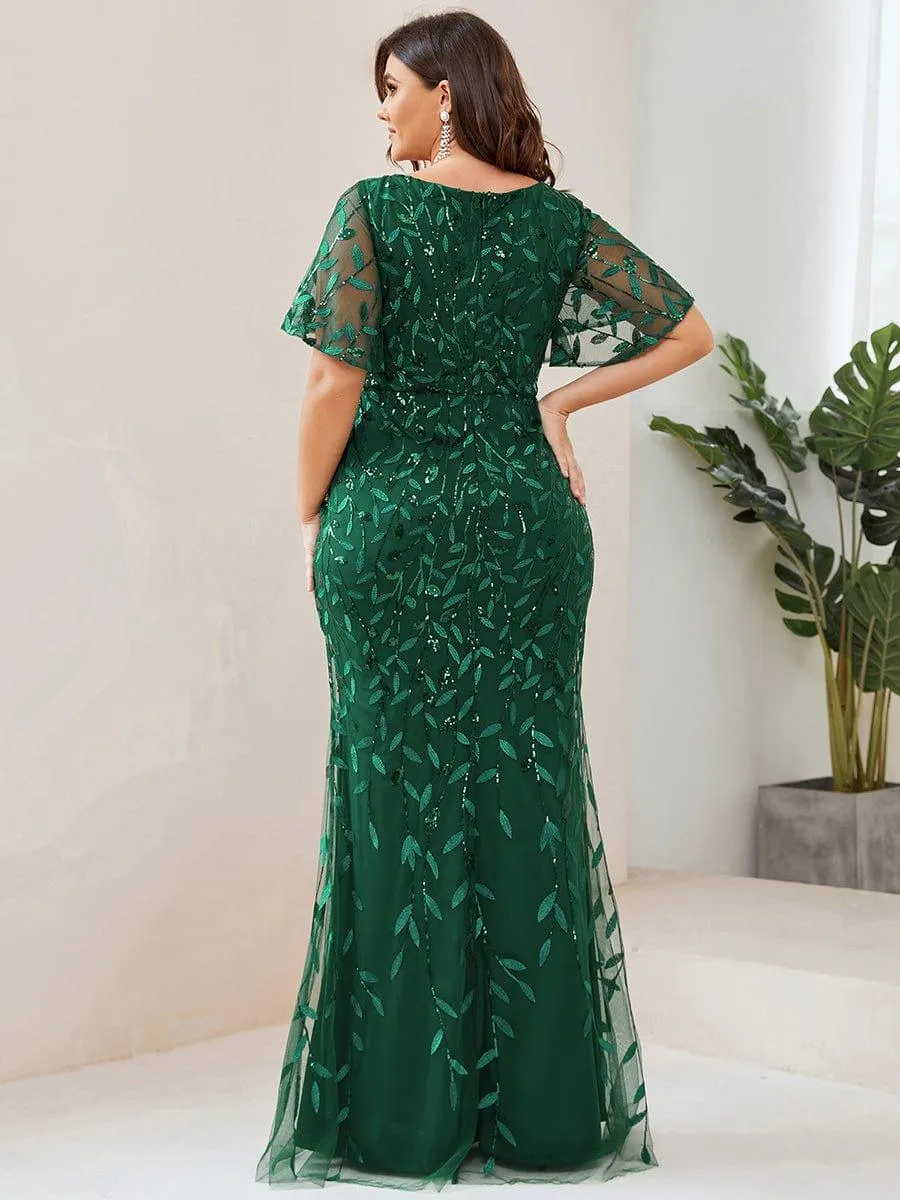 Robe de soirée sirène à paillettes et tulle à col en V grande taille