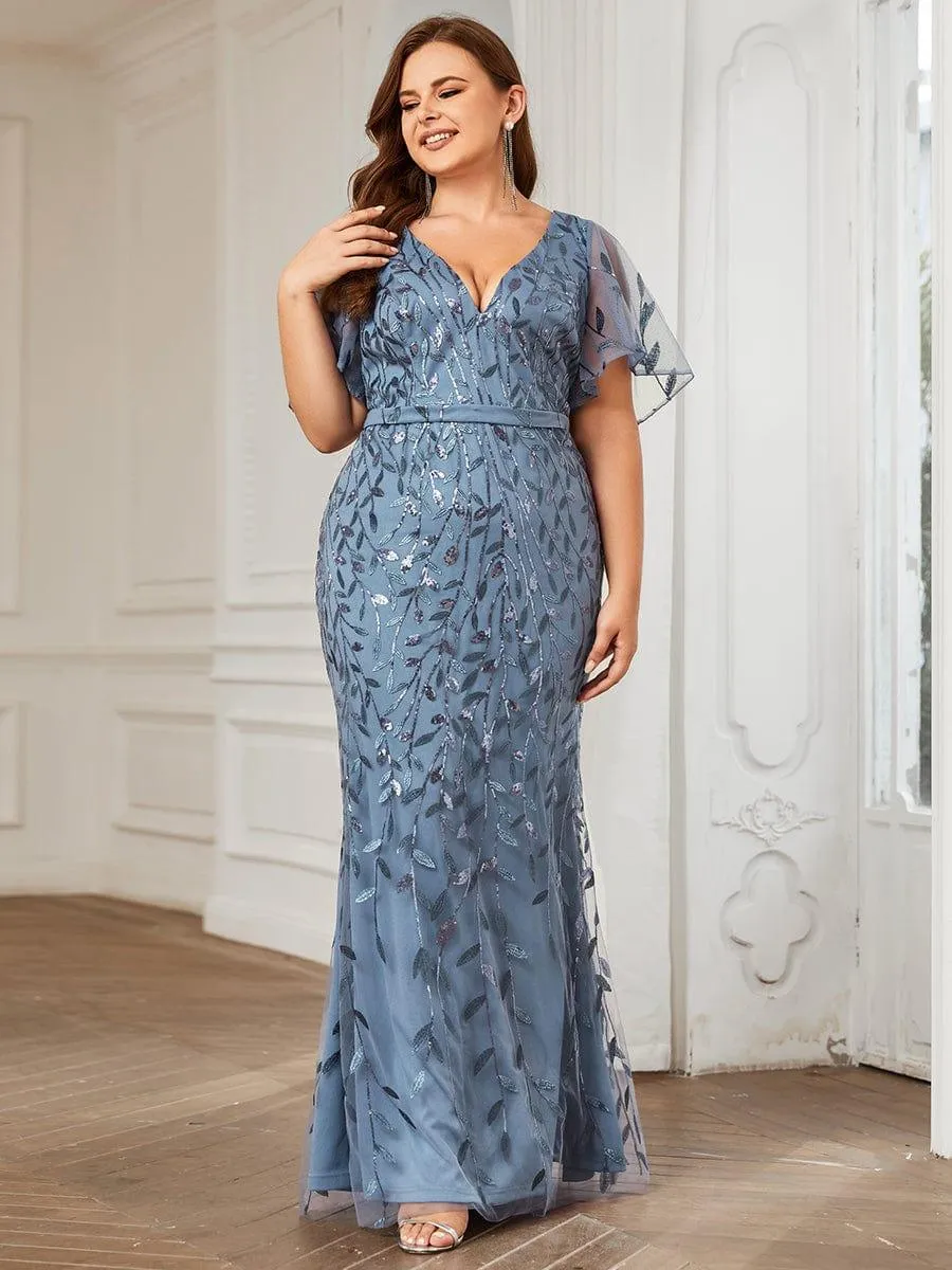 Robe de soirée sirène à paillettes et tulle à col en V grande taille