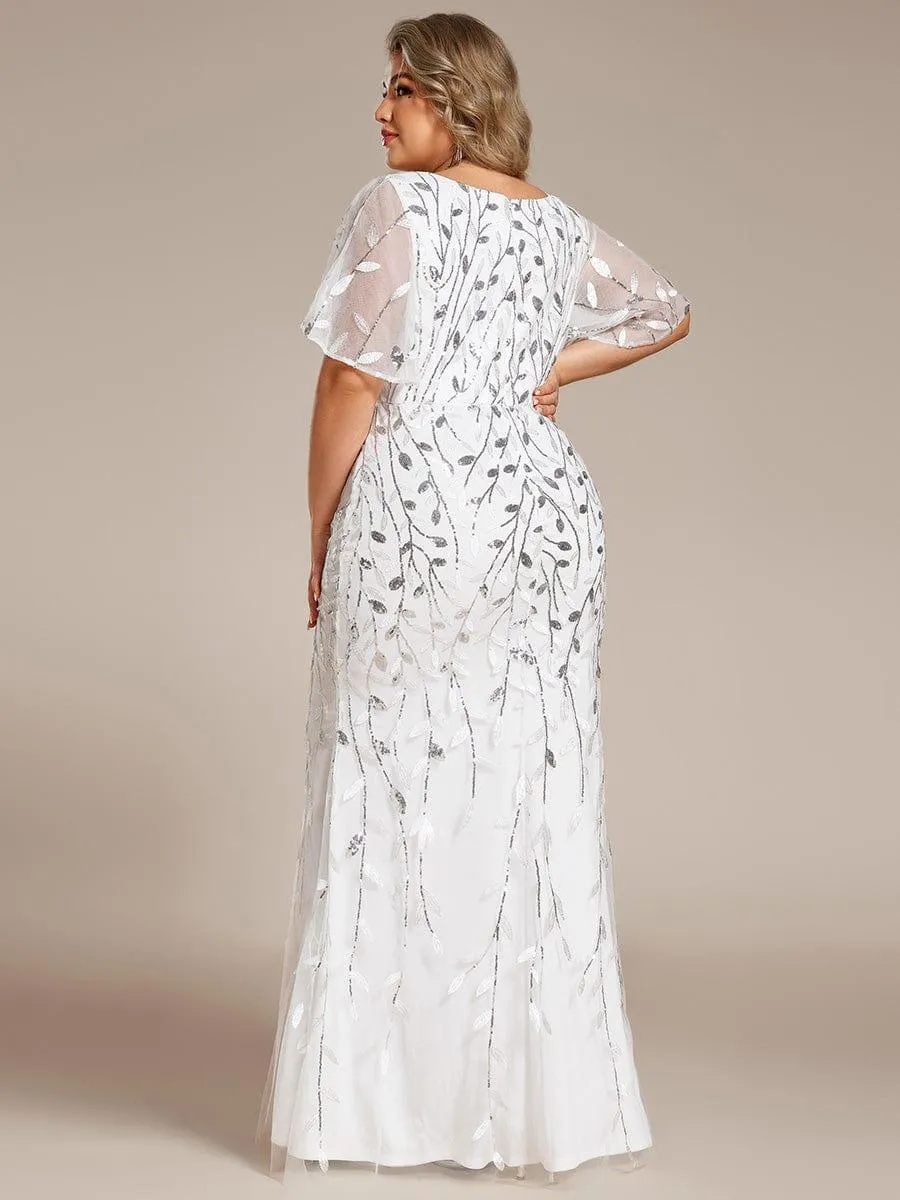 Robe de soirée sirène à paillettes et tulle à col en V grande taille