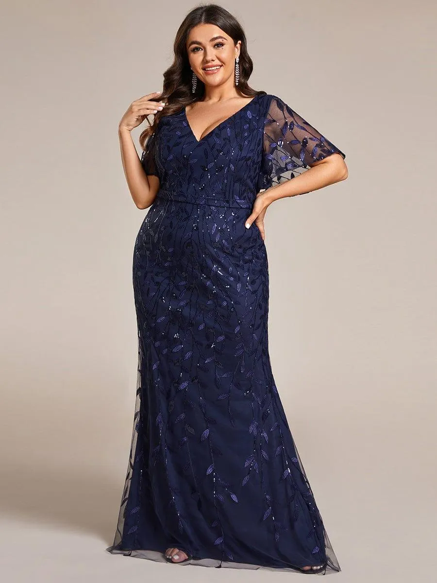 Robe de soirée sirène à paillettes et tulle à col en V grande taille