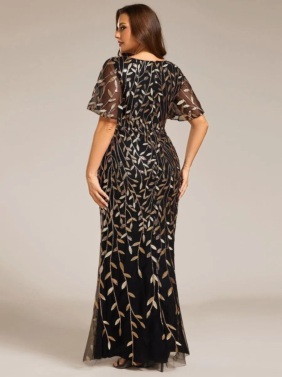 Robe de soirée sirène à paillettes et tulle à col en V grande taille
