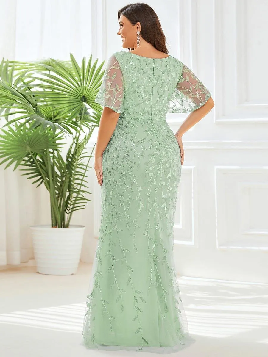 Robe de soirée sirène à paillettes et tulle à col en V grande taille