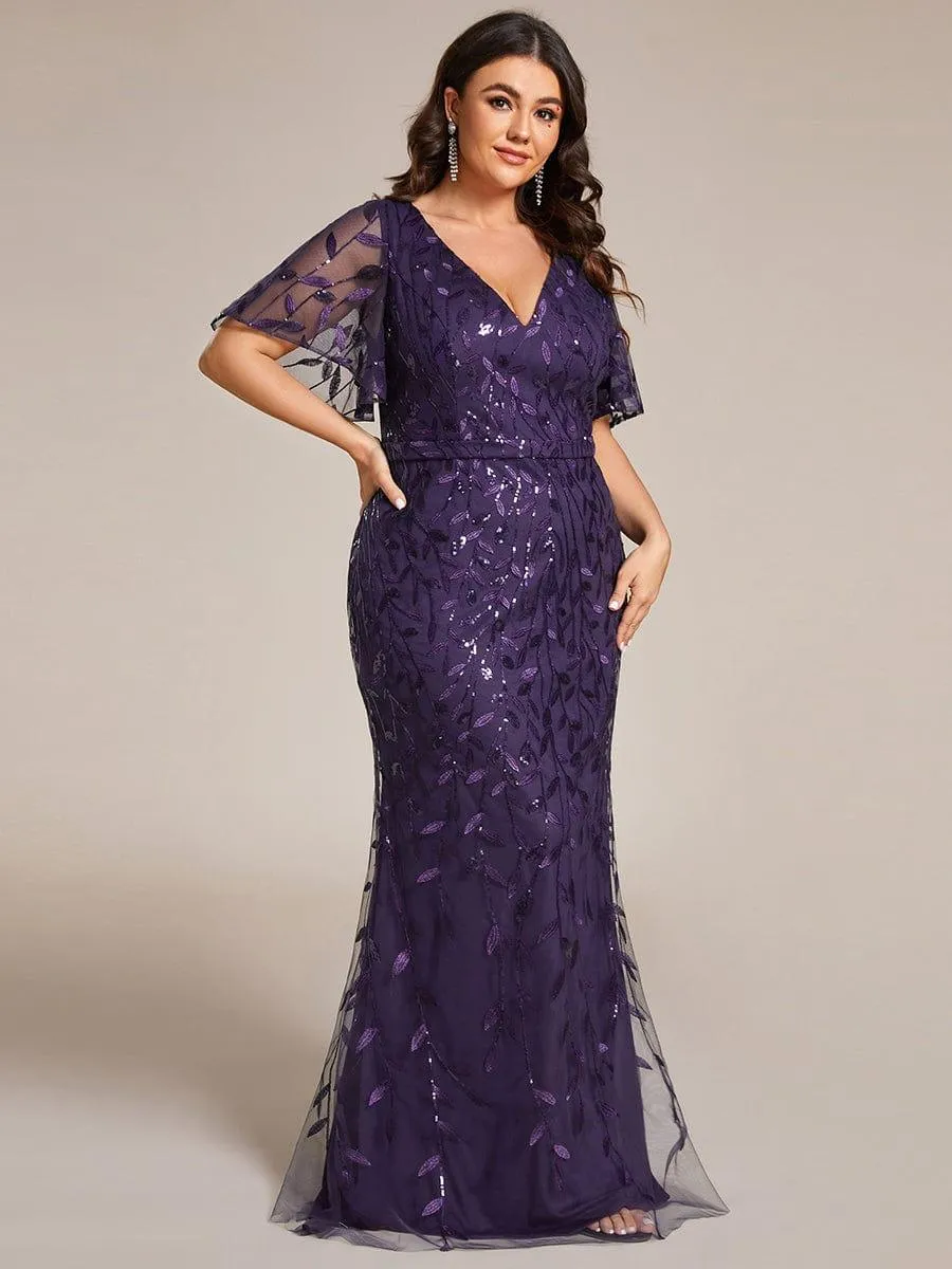 Robe de soirée sirène à paillettes et tulle à col en V grande taille