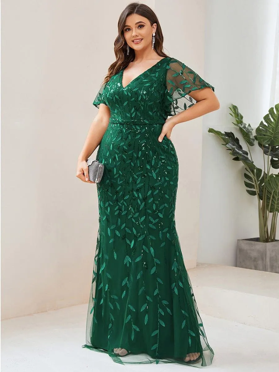 Robe de soirée sirène à paillettes et tulle à col en V grande taille
