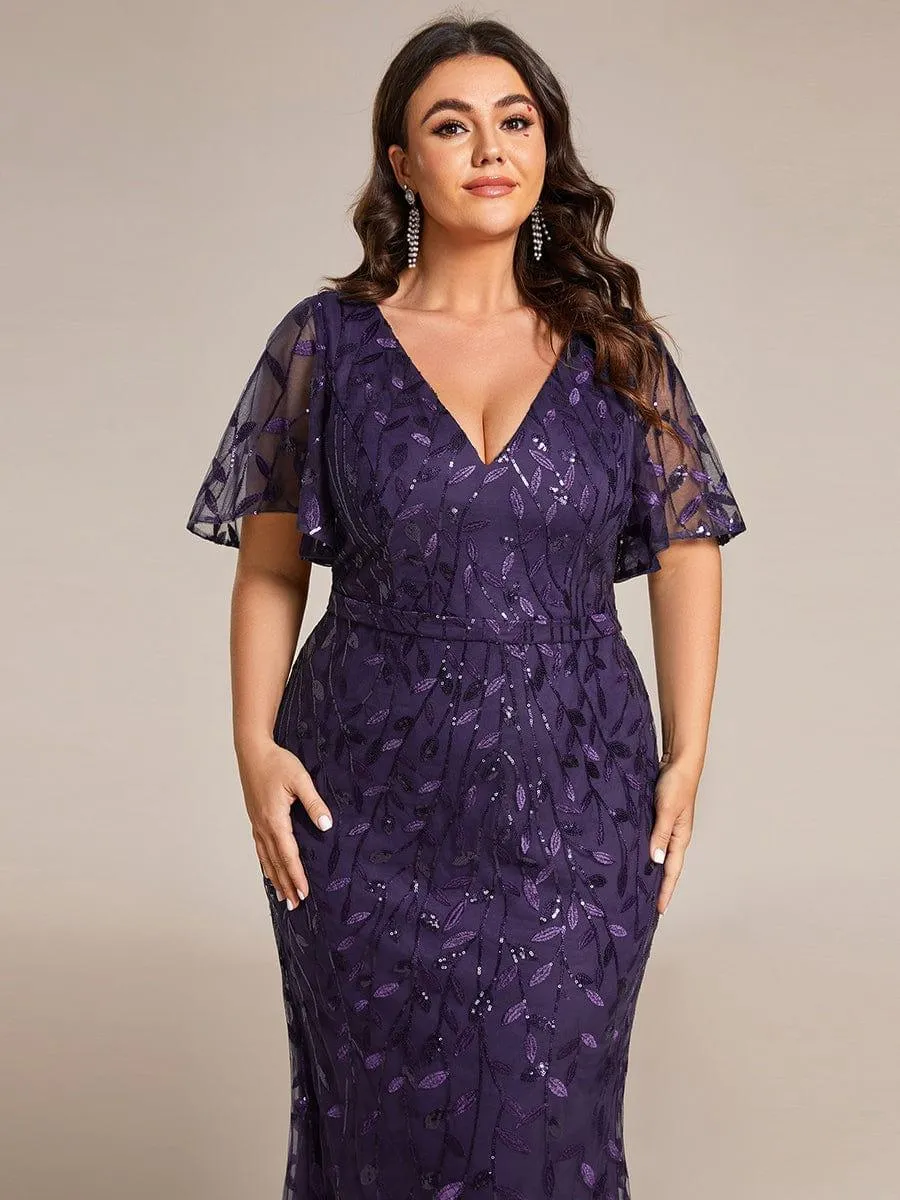 Robe de soirée sirène à paillettes et tulle à col en V grande taille