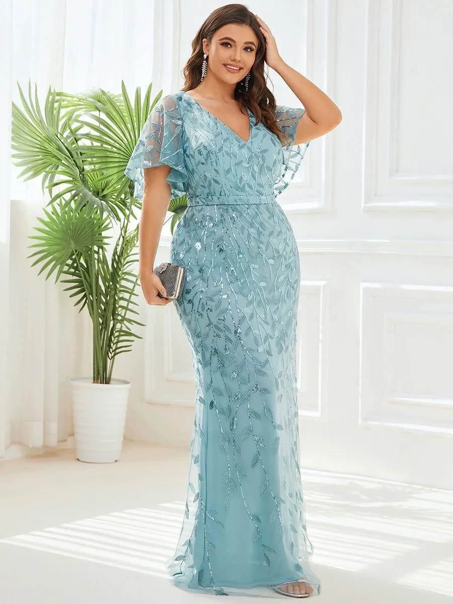 Robe de soirée sirène à paillettes et tulle à col en V grande taille