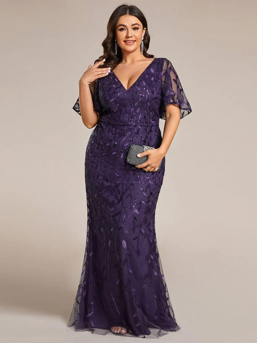 Robe de soirée sirène à paillettes et tulle à col en V grande taille