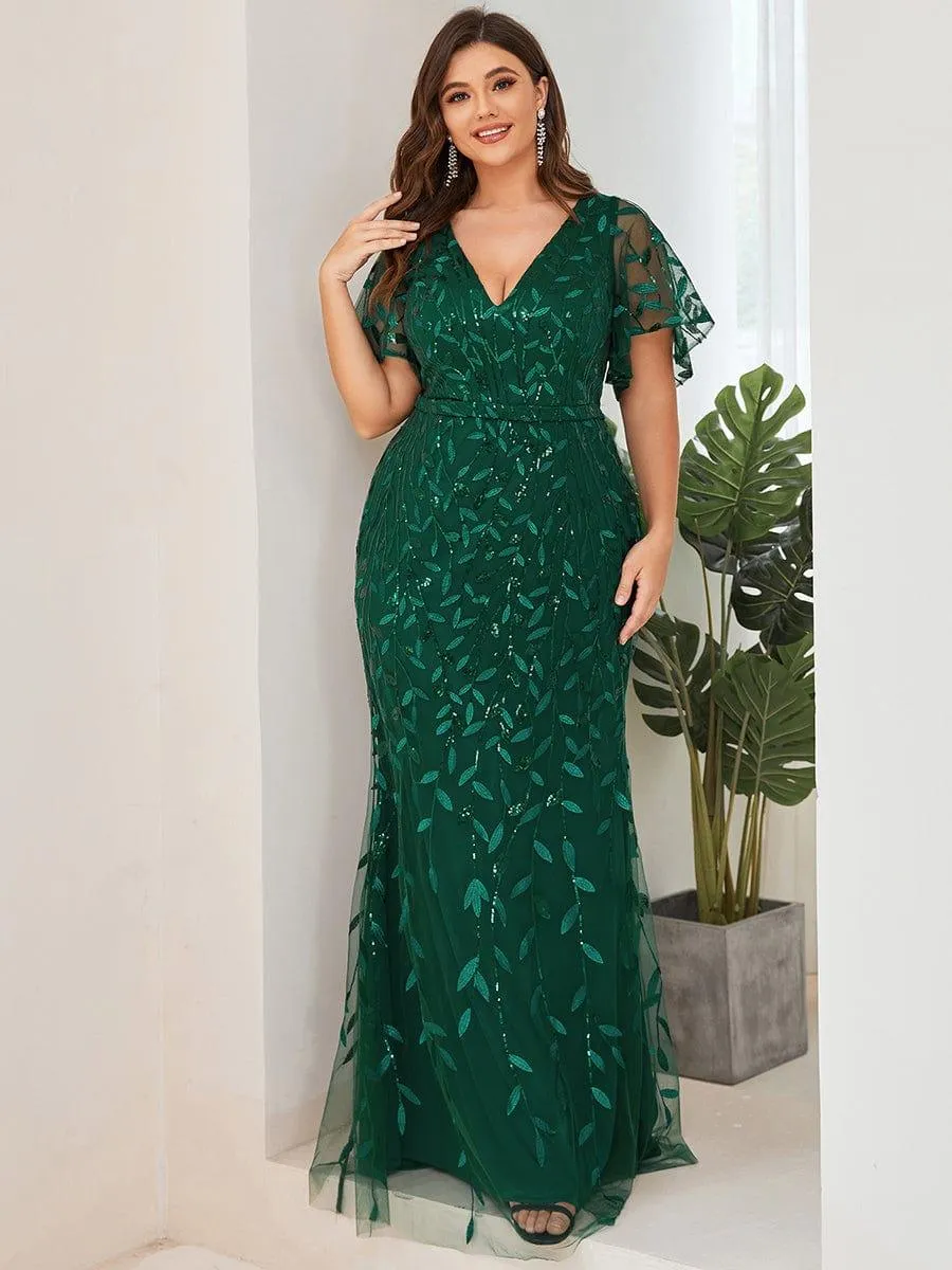 Robe de soirée sirène à paillettes et tulle à col en V grande taille