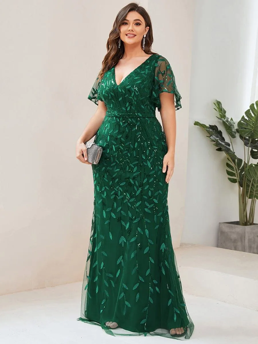 Robe de soirée sirène à paillettes et tulle à col en V grande taille