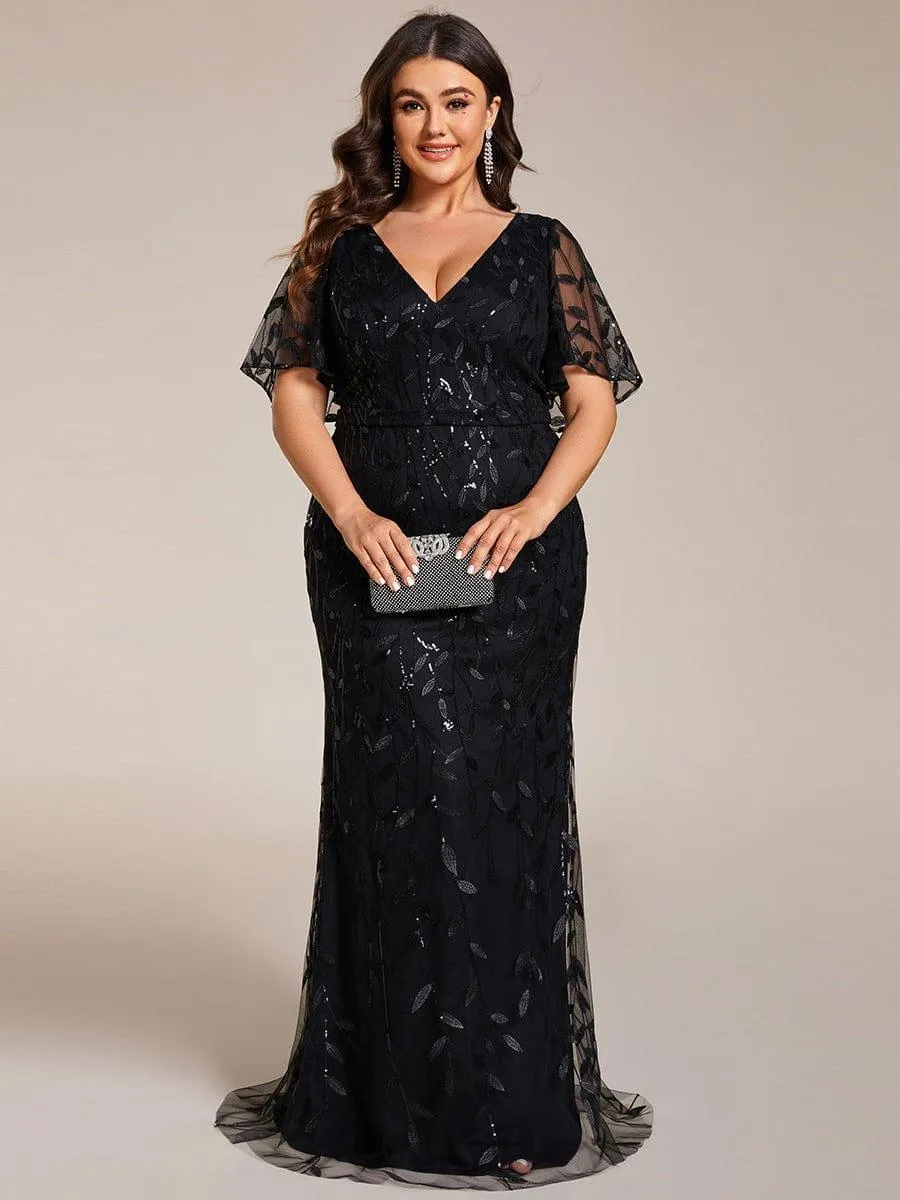 Robe de soirée sirène à paillettes et tulle à col en V grande taille