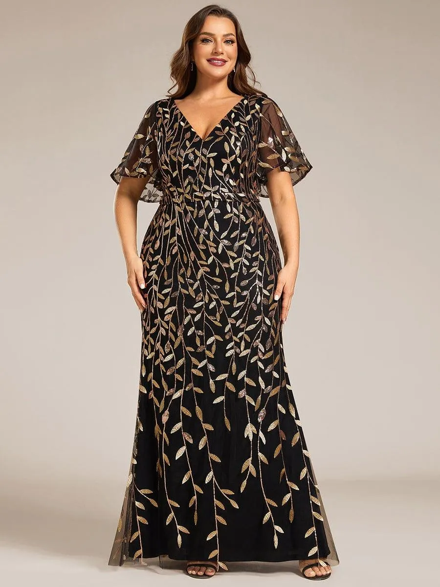 Robe de soirée sirène à paillettes et tulle à col en V grande taille