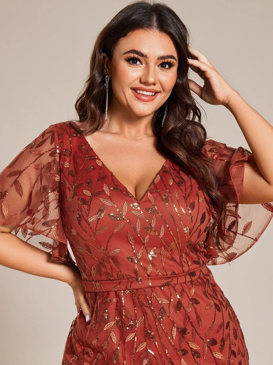 Robe de soirée sirène à paillettes et tulle à col en V grande taille