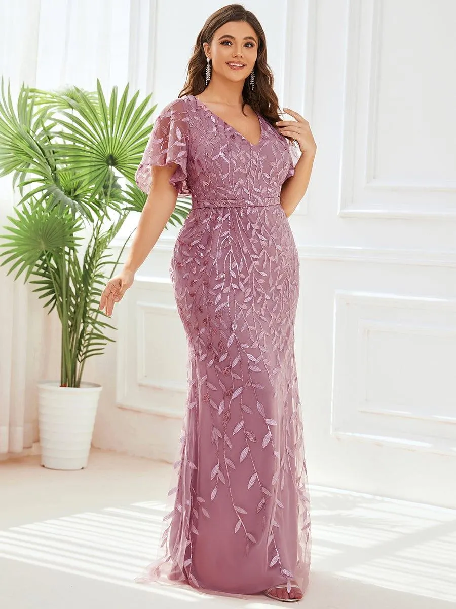 Robe de soirée sirène à paillettes et tulle à col en V grande taille