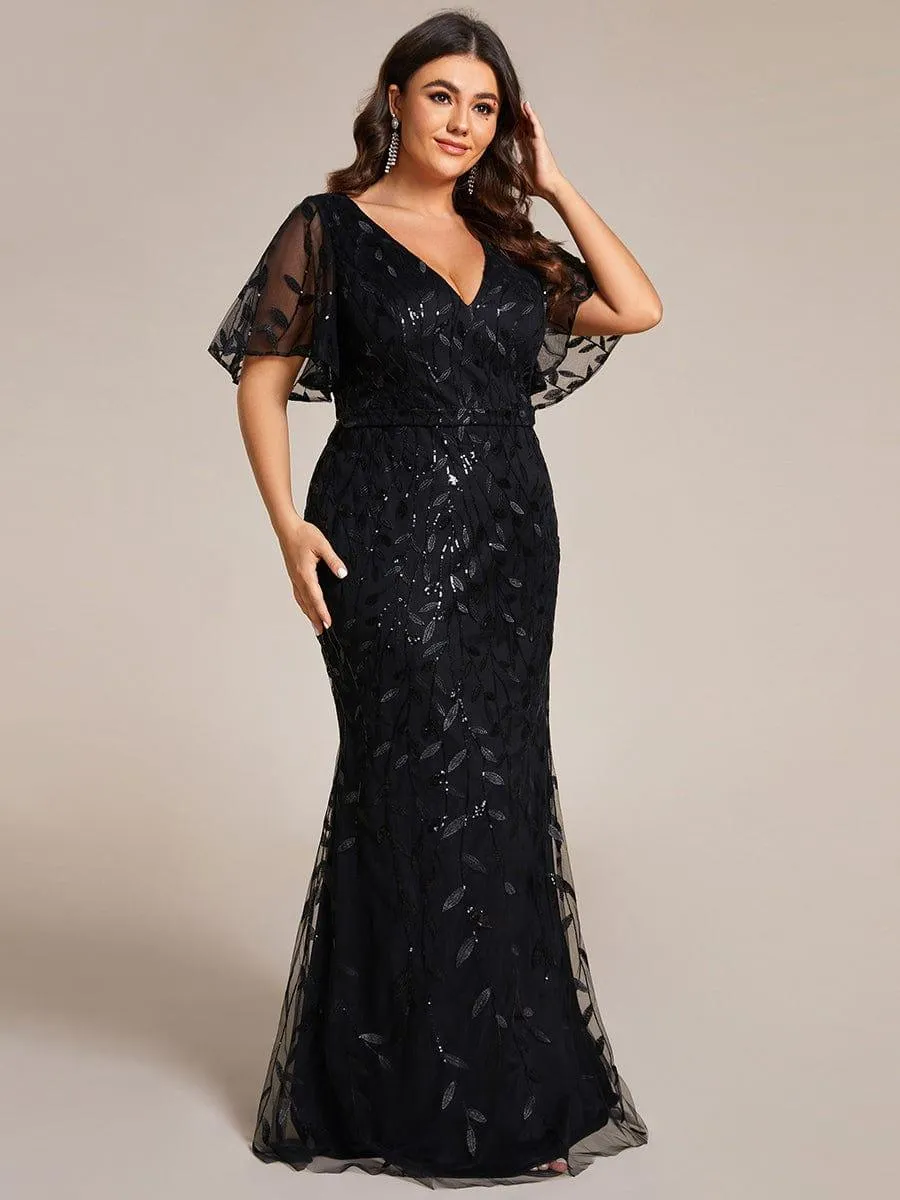 Robe de soirée sirène à paillettes et tulle à col en V grande taille