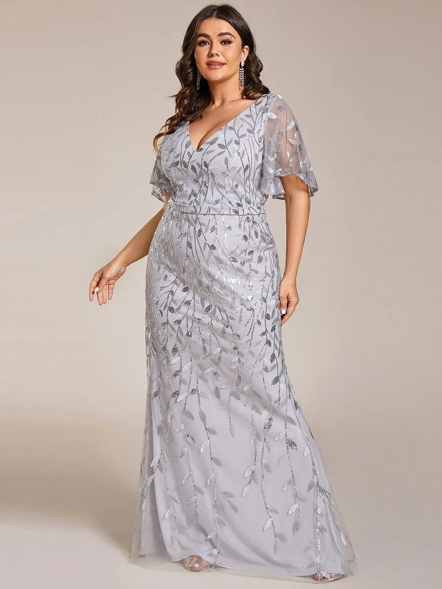 Robe de soirée sirène à paillettes et tulle à col en V grande taille