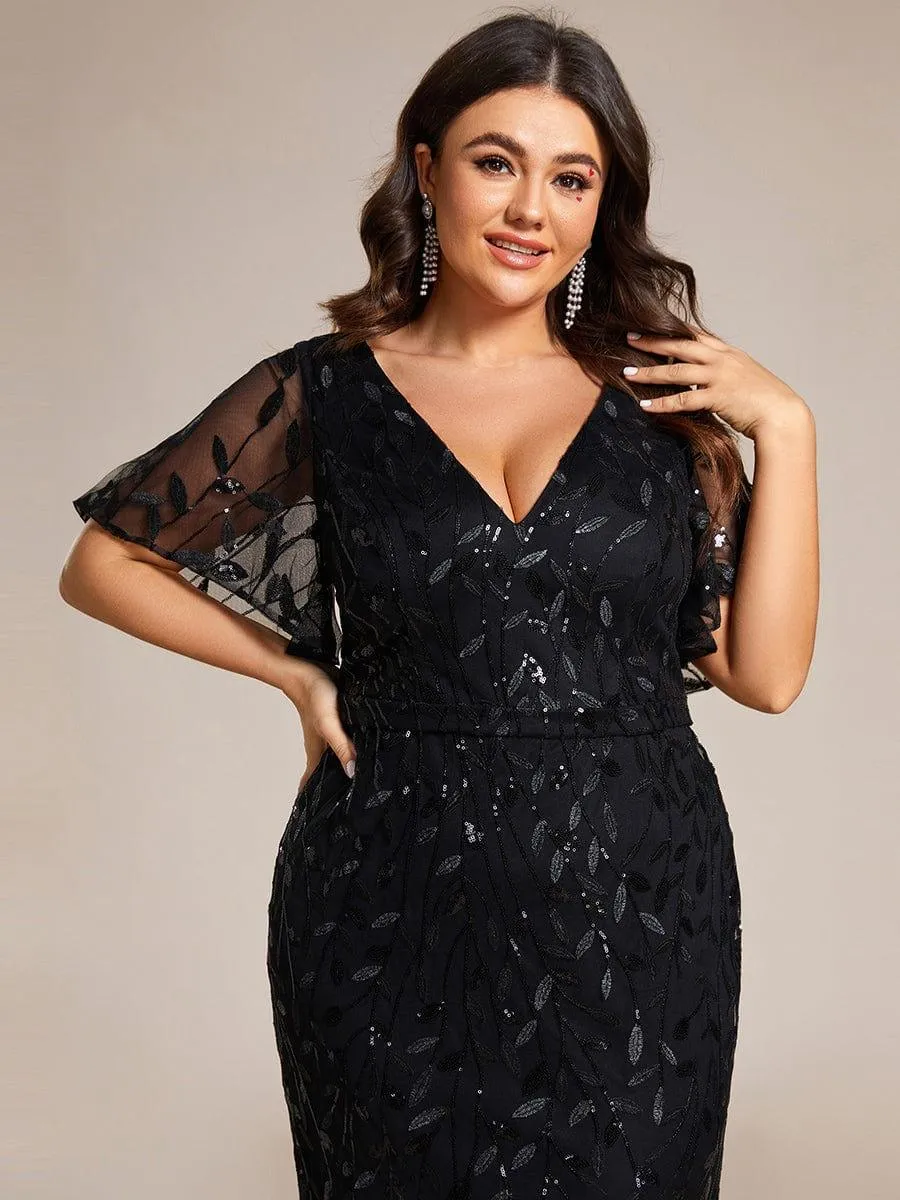 Robe de soirée sirène à paillettes et tulle à col en V grande taille