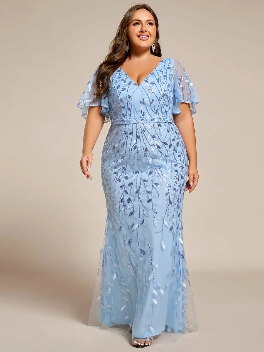 Robe de soirée sirène à paillettes et tulle à col en V grande taille