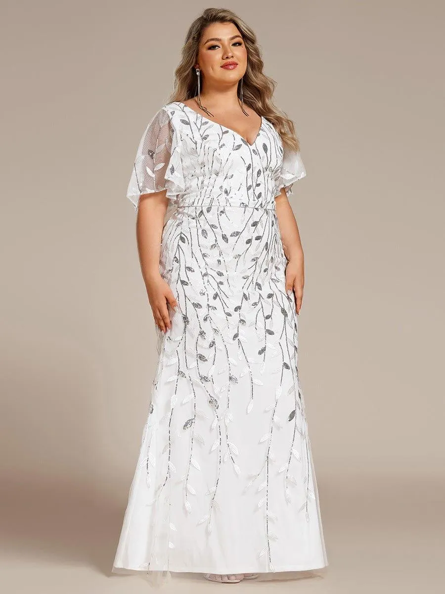 Robe de soirée sirène à paillettes et tulle à col en V grande taille
