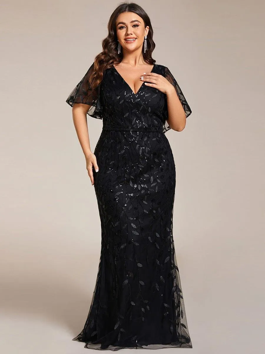 Robe de soirée sirène à paillettes et tulle à col en V grande taille
