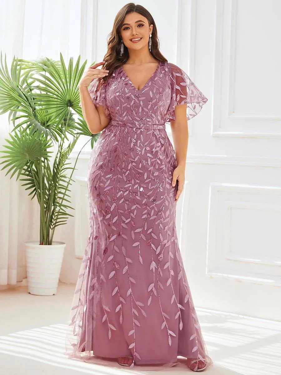 Robe de soirée sirène à paillettes et tulle à col en V grande taille