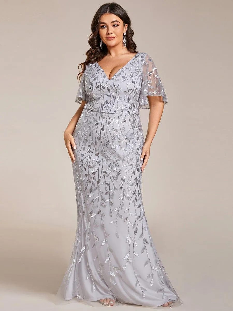 Robe de soirée sirène à paillettes et tulle à col en V grande taille