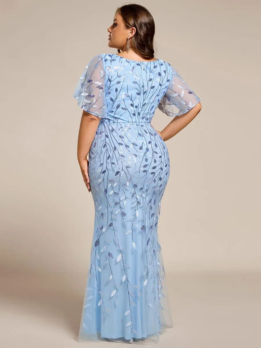 Robe de soirée sirène à paillettes et tulle à col en V grande taille