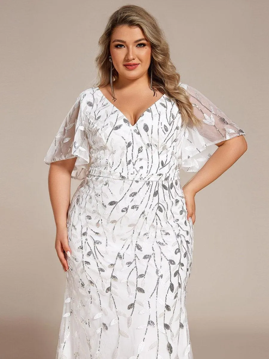 Robe de soirée sirène à paillettes et tulle à col en V grande taille