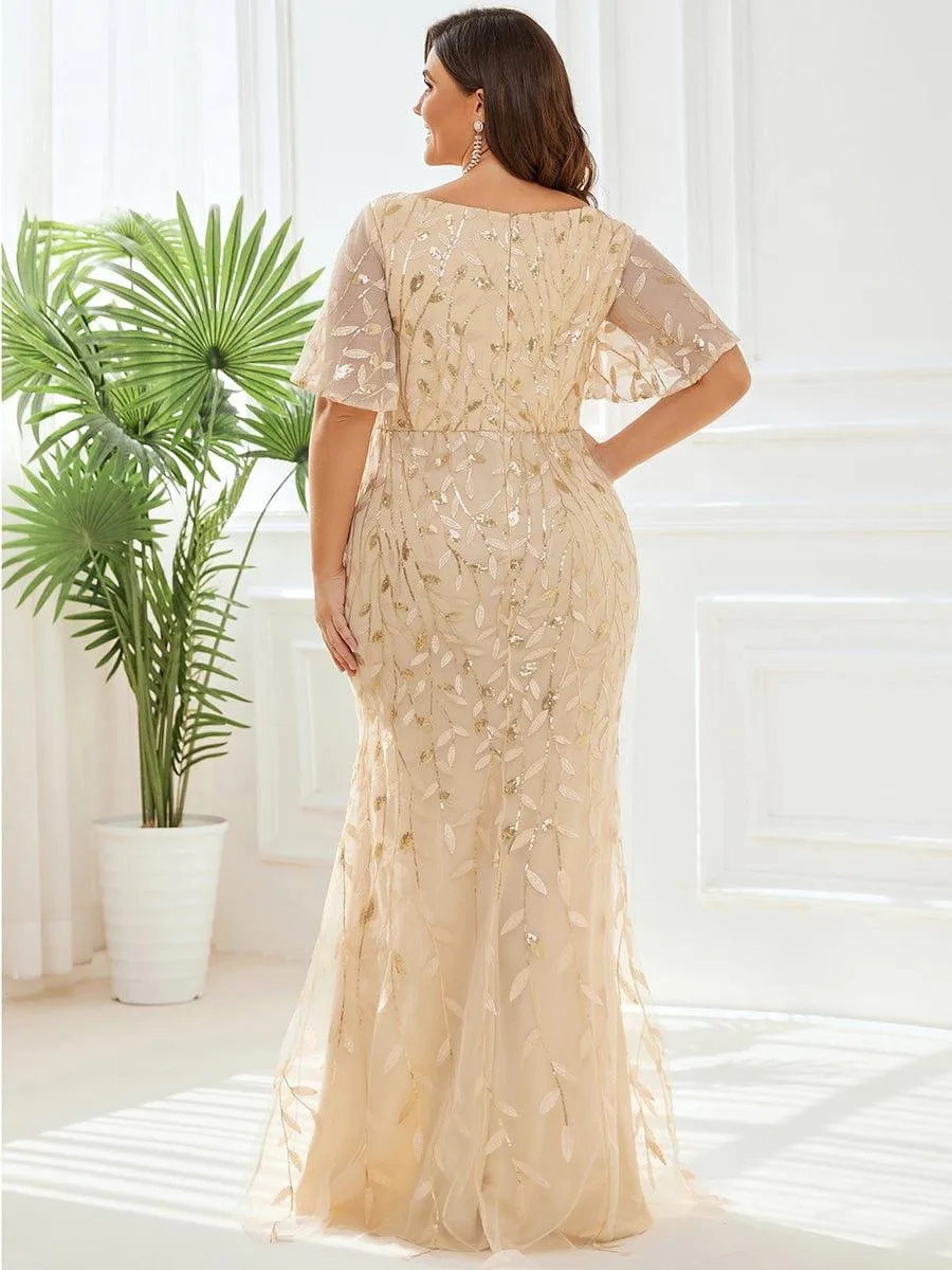 Robe de soirée sirène à paillettes et tulle à col en V grande taille