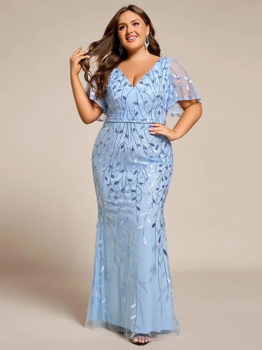 Robe de soirée sirène à paillettes et tulle à col en V grande taille