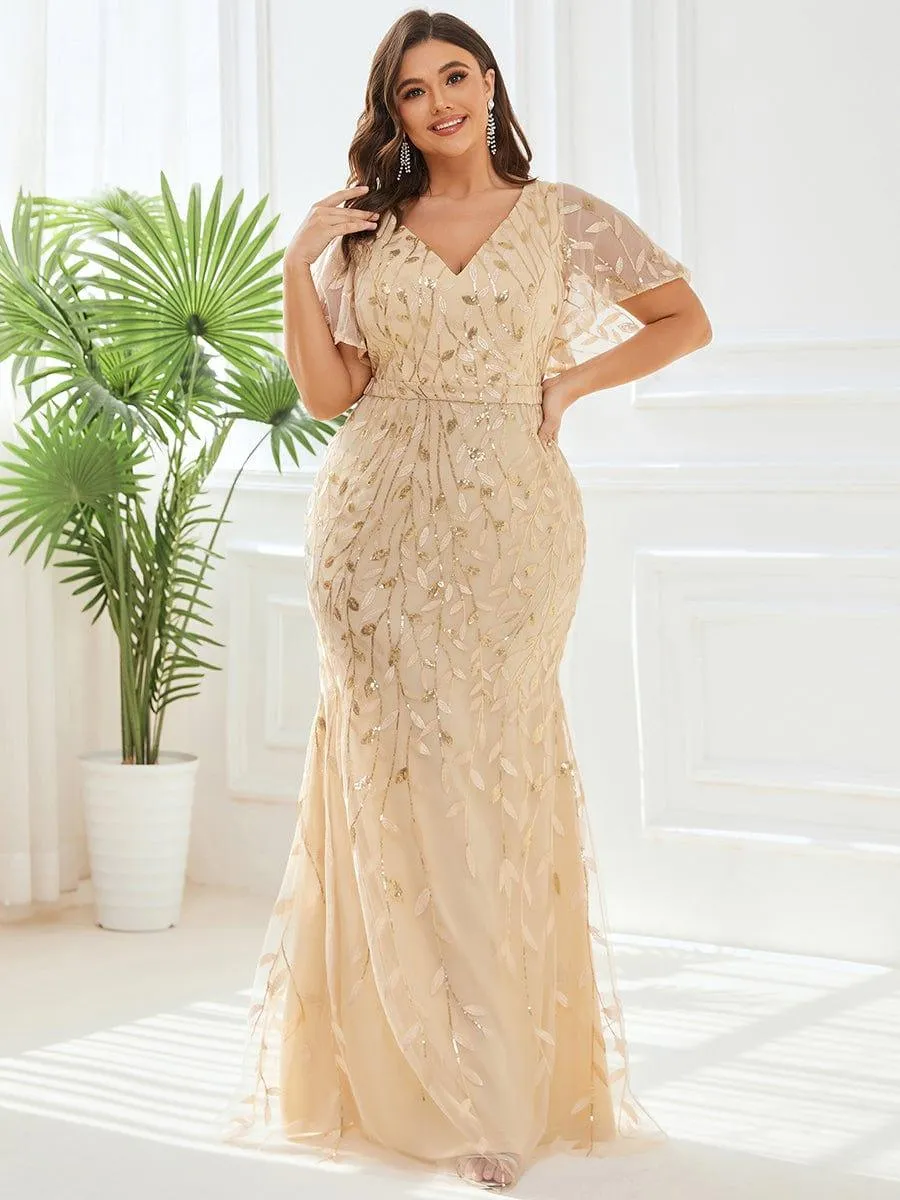 Robe de soirée sirène à paillettes et tulle à col en V grande taille