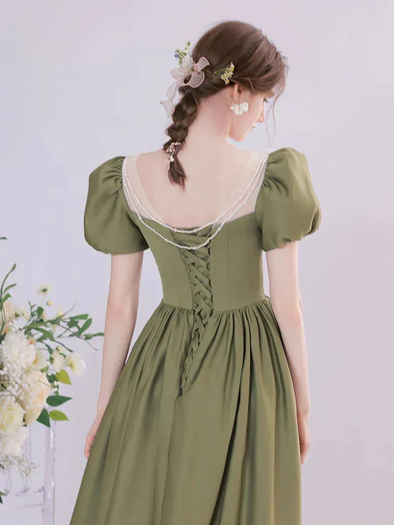 Round Neck Green Tea Length Prom Dresses, Round Neck Green Tea Length Formal Evening Dresses
