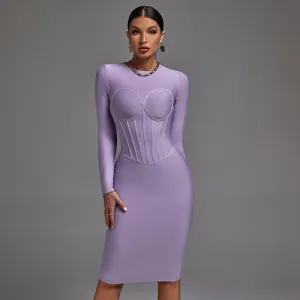 Round Neck Long Sleeve Striped Midi Bandage Dress