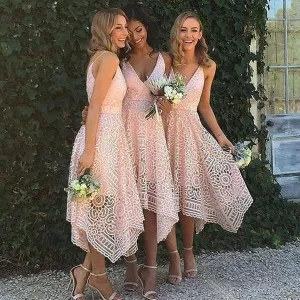 Roycebridal A-line Tea-Length Lace Pink Bridesmaid Dresses Spaghetti-Strap