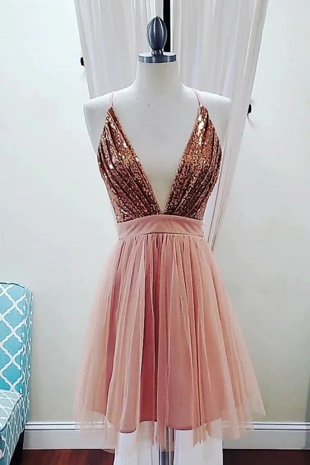 Roycebridal Deep V-neck Spaghetti Straps Sleeveless Sequins Short Prom Dresses, Homecoming Dresses