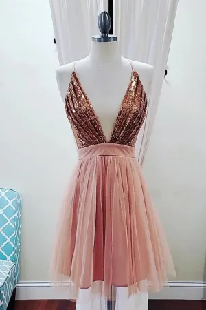 Roycebridal Deep V-neck Spaghetti Straps Sleeveless Sequins Short Prom Dresses, Homecoming Dresses