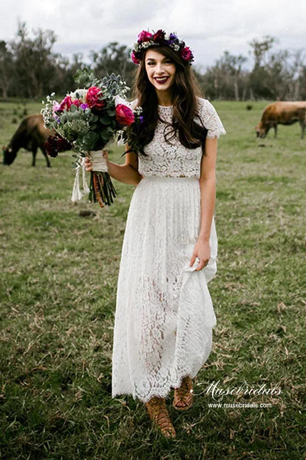 Roycebridal Ivory Lace A-line Two Pieces Short Sleeves Beach Wedding Dresses, MW932