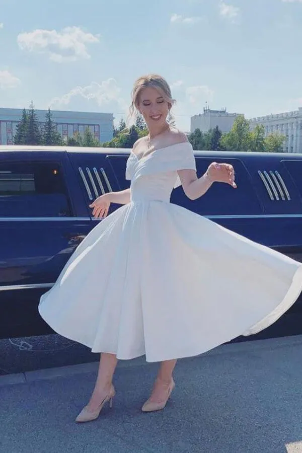 Roycebridal Ivory Satin Off Shoulder A-line Ankle-length Wedding Dress, Bridal Gown, MW627