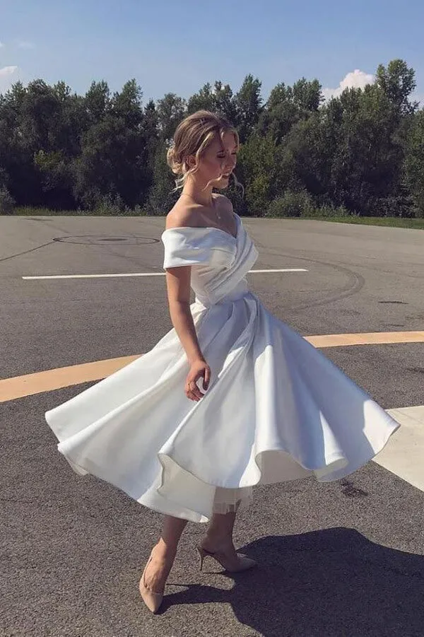 Roycebridal Ivory Satin Off Shoulder A-line Ankle-length Wedding Dress, Bridal Gown, MW627