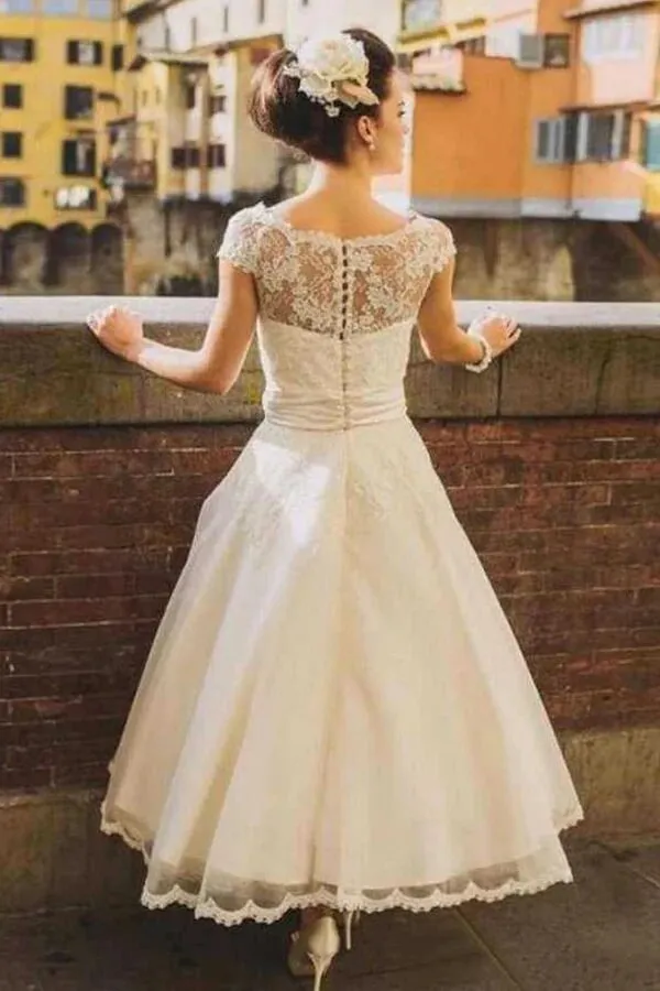 Roycebridal Princess Tulle A-line Cap Sleeves Tea Length Lace Wedding Dresses, MW951