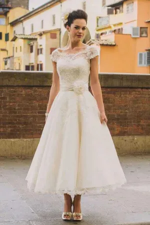 Roycebridal Princess Tulle A-line Cap Sleeves Tea Length Lace Wedding Dresses, MW951