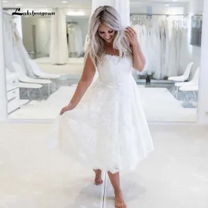 Roycebridal Vintage Wedding Dress Strapless Tea Length Lace Bridal Gowns Robe De Mariee Short Wedding Gown Vestido De Noiva
