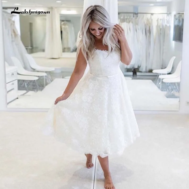 Roycebridal Vintage Wedding Dress Strapless Tea Length Lace Bridal Gowns Robe De Mariee Short Wedding Gown Vestido De Noiva