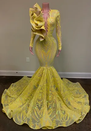 Ruffle Shoulder Sequin Mermaid Gown