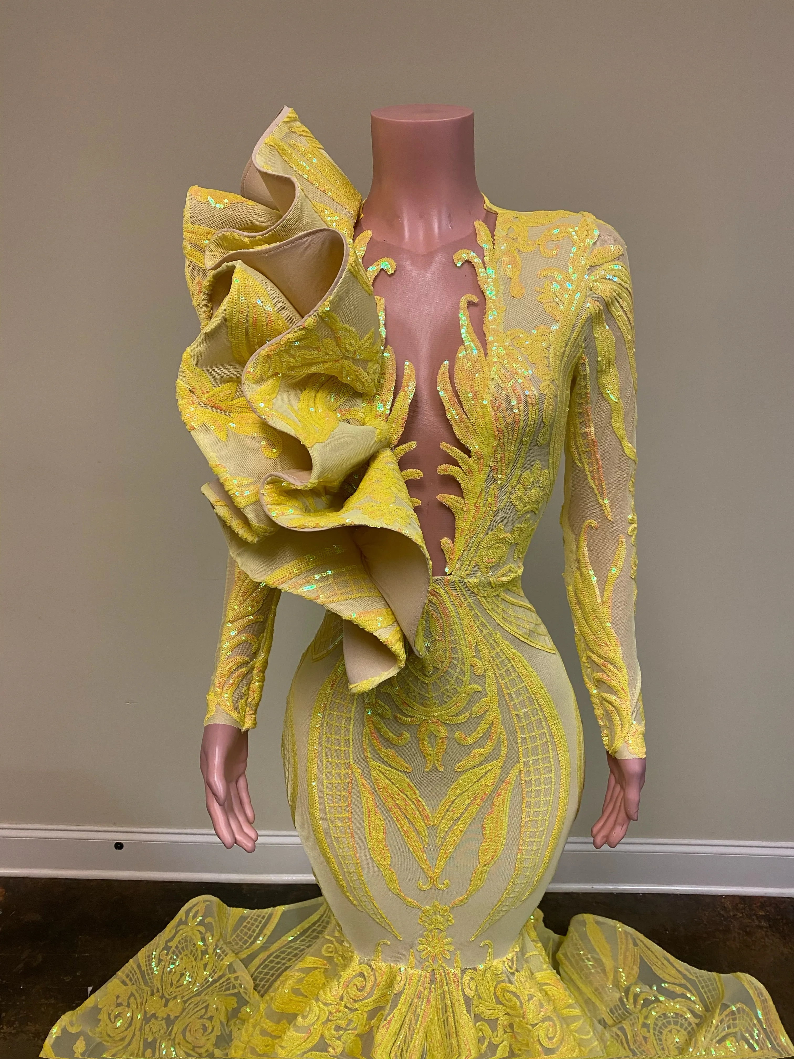 Ruffle Shoulder Sequin Mermaid Gown