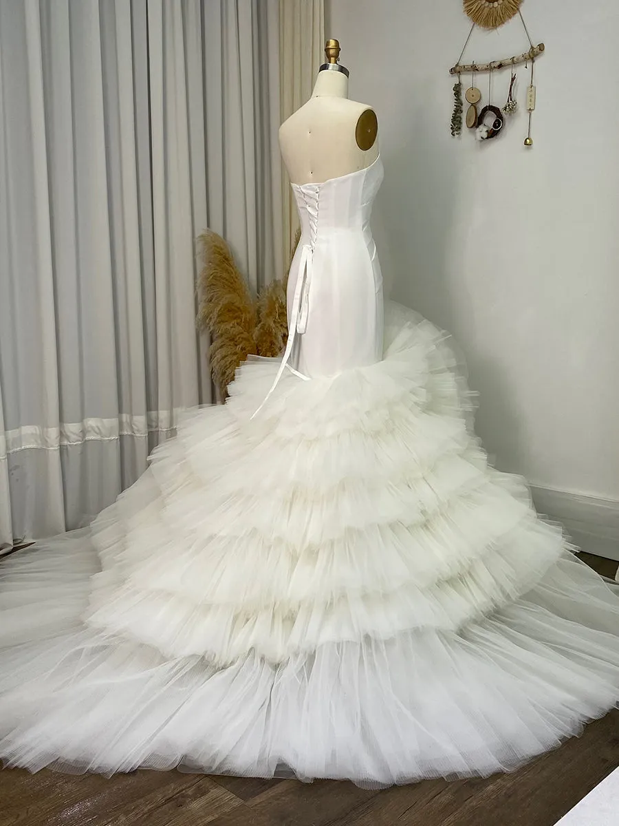 Ruffle Tulle Wedding Dress Mermaid Wedding Gown with Long Train YW243101