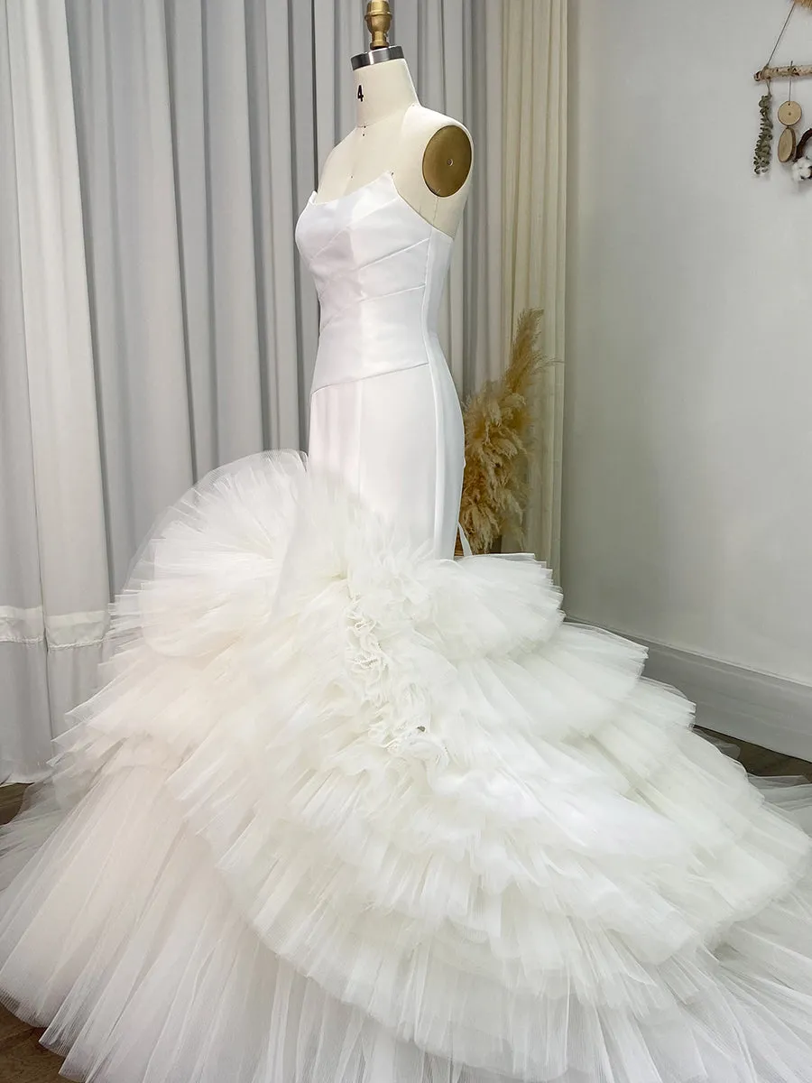 Ruffle Tulle Wedding Dress Mermaid Wedding Gown with Long Train YW243101