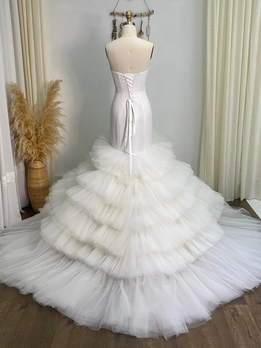 Ruffle Tulle Wedding Dress Mermaid Wedding Gown with Long Train YW243101