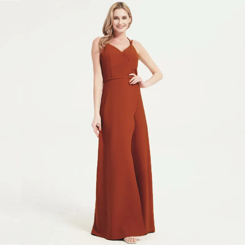Rusty Red V-neckline Straps Long Bridesmaid Dresses
